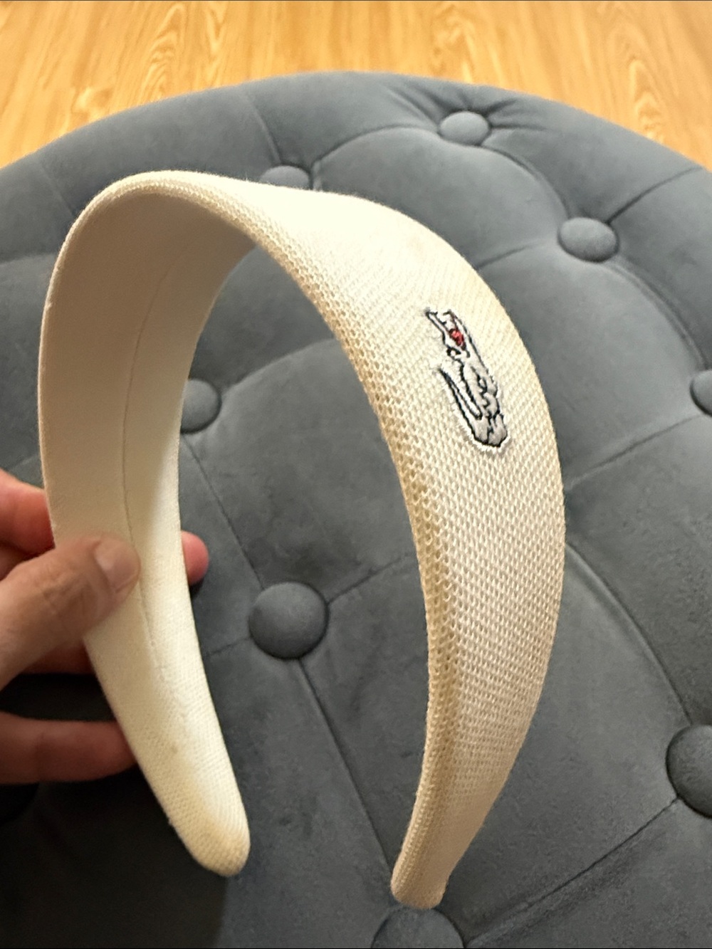 Lacoste Ivory Textured Piqué Headband with Crocodile Logo